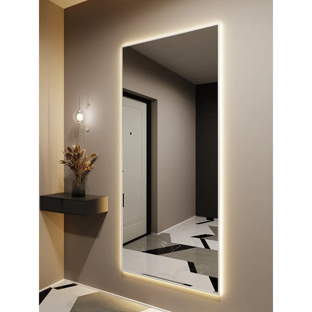 Фото Зеркало с подсветкой Alumirror 18080б3000К 180x80 см в алюминиевой раме настенное цвет белое Фото Зеркало с подсветкой Alumirror 18080б3000К 180x80 см в алюминиевой раме настенное цвет белое