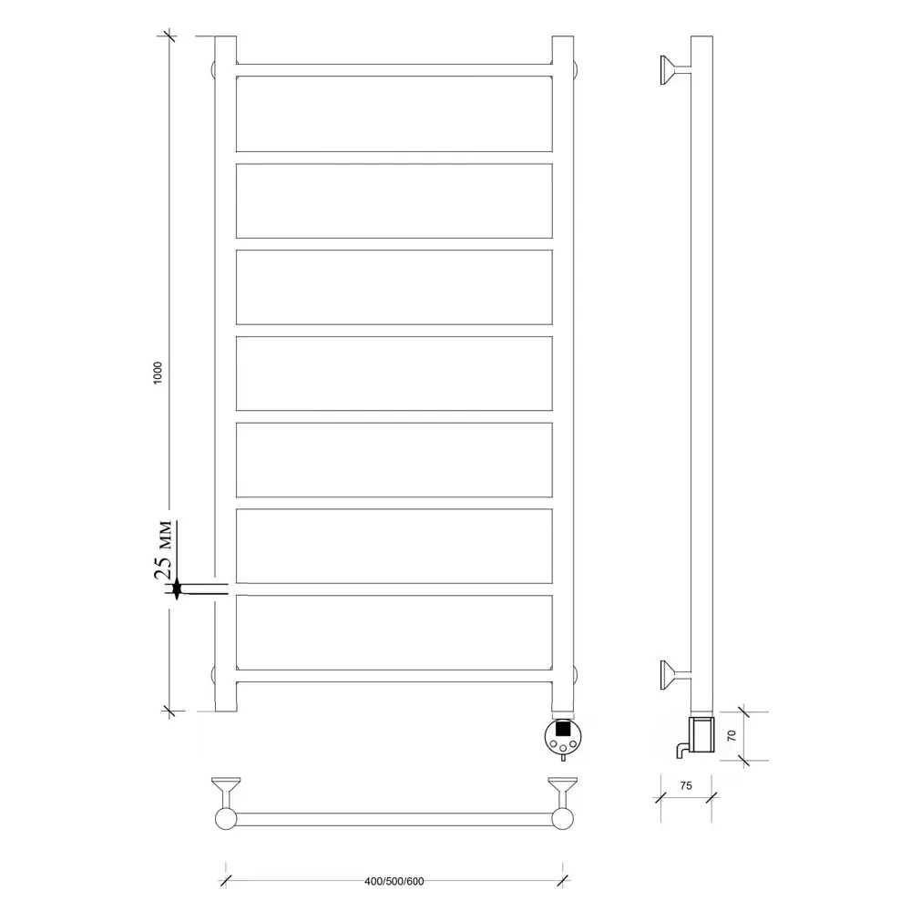 Фото 4 Полотенцесушитель электрический Secado Триада 1 плюс 500x1000 мм 300 Вт с терморегулятором лесенка цвет черный R