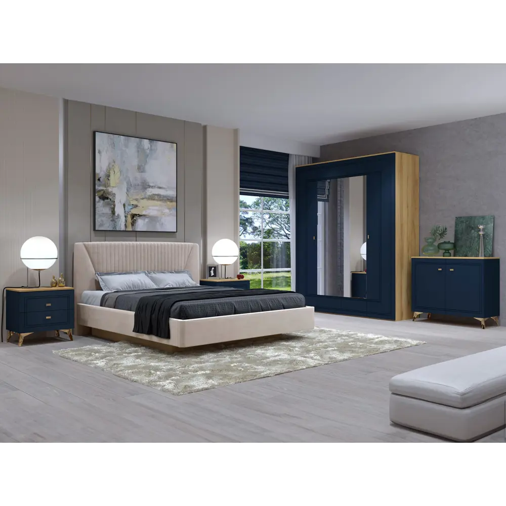 Фото 3 Тумба прикроватная Кураж Вега Сапфир 55.6x55.8x40 см 2 ящика ЛДСП цвет дуб золотистый/темно-синий софт