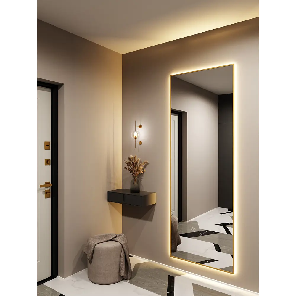 Фото 2 Зеркало с подсветкой Alumirror 20070з3000К 200x70 см в алюминиевой раме настенное цвет золото