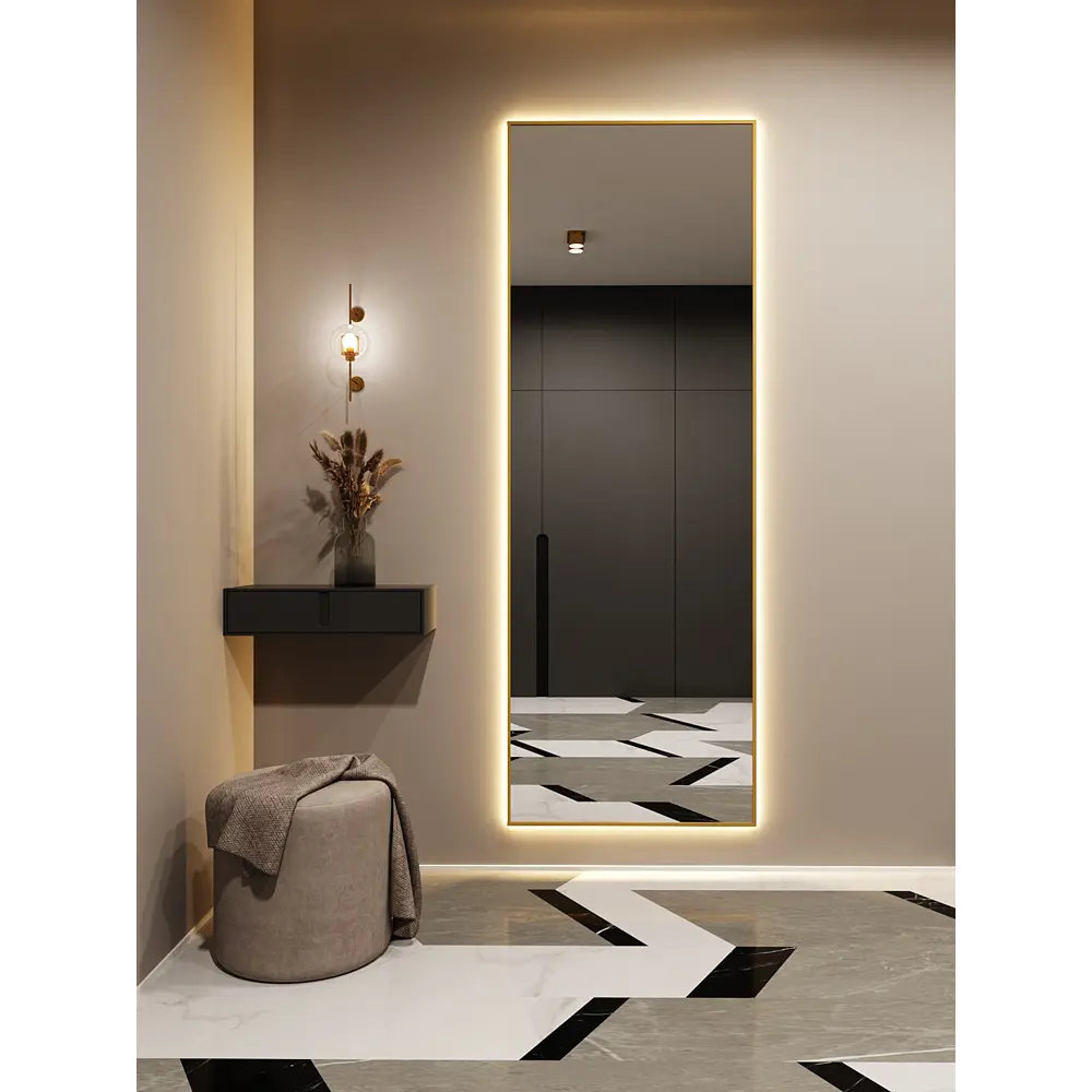 Фото 4 Зеркало с подсветкой Alumirror 20070з3000К 200x70 см в алюминиевой раме настенное цвет золото