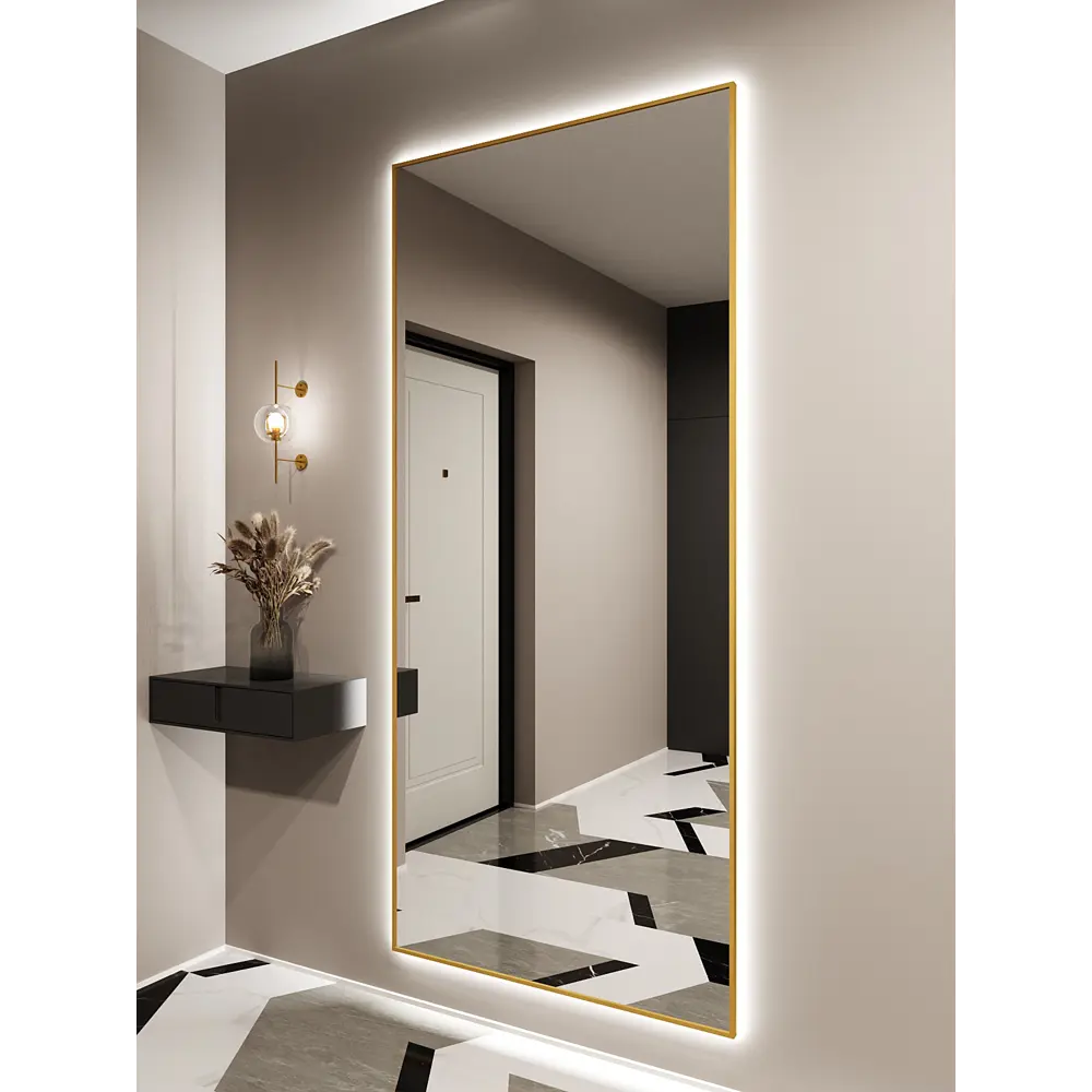 Фото Зеркало с подсветкой Alumirror 20090з6000К 200x90 см в алюминиевой раме настенное цвет золото Фото Зеркало с подсветкой Alumirror 20090з6000К 200x90 см в алюминиевой раме настенное цвет золото