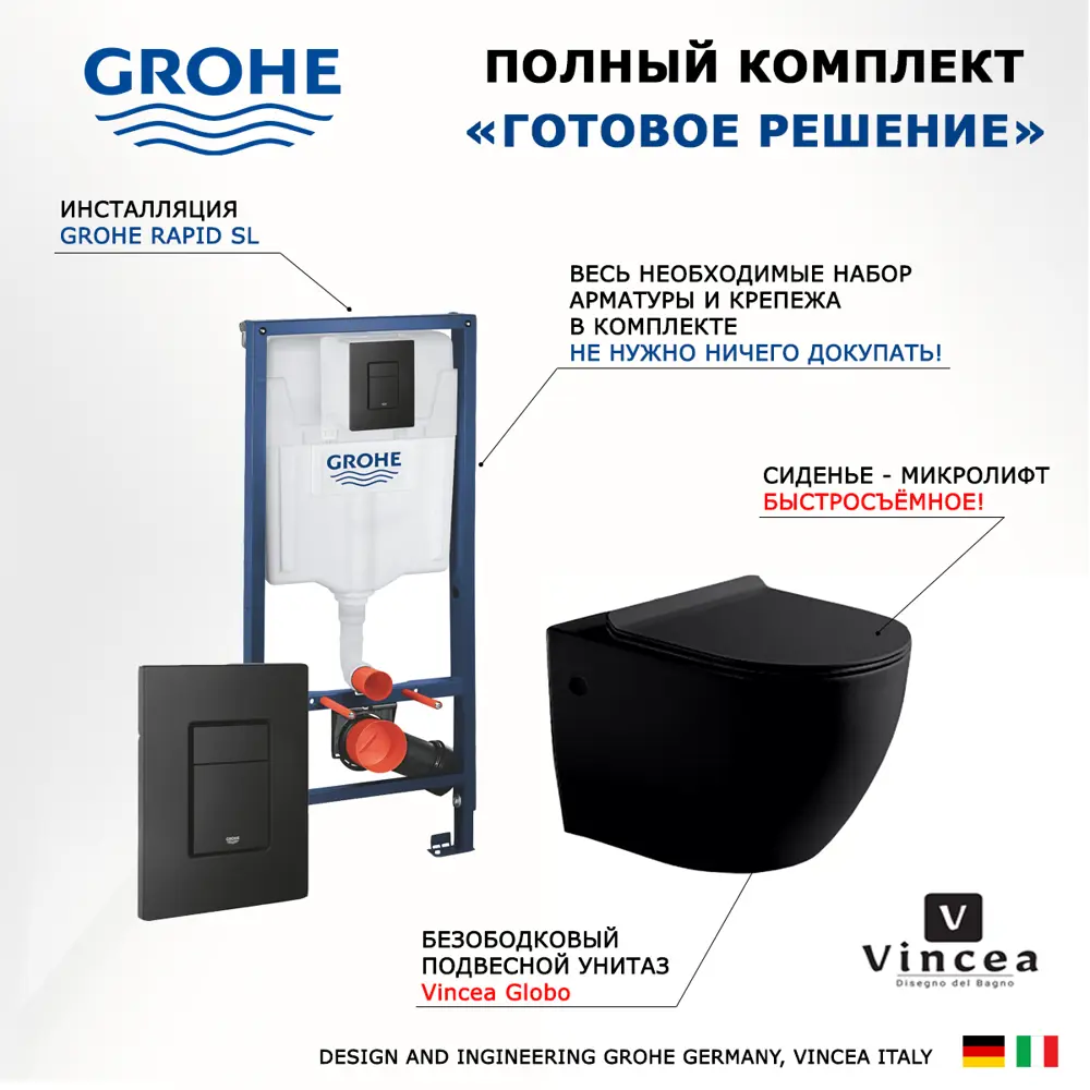Фото 7 Комплект инсталляция с унитазом Grohe 436971 цвет черный Фото 7 Комплект инсталляция с унитазом Grohe 436971 цвет черный