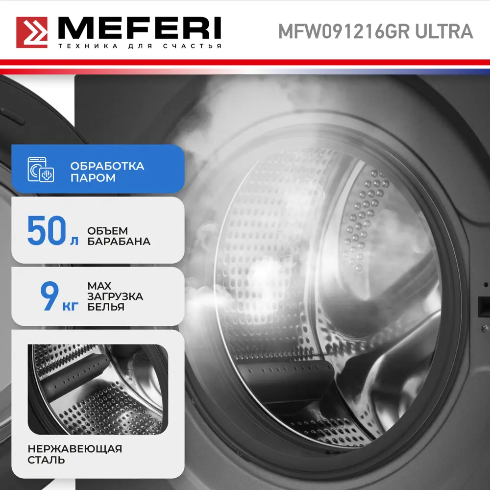 Фото 6 Стиральная машина Meferi Mfw091216gr ultra 60x84x48 см 9 кг цвет серый Фото 6 Стиральная машина Meferi Mfw091216gr ultra 60x84x48 см 9 кг цвет серый