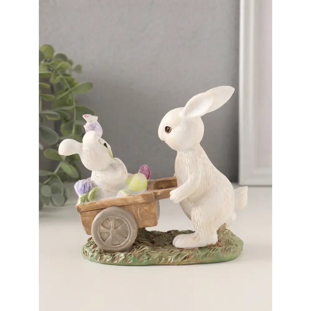 Фото 3 Сувенир полистоун Кролик везет крольчонка в тележке с незабудками 135х65х12 см 10583228