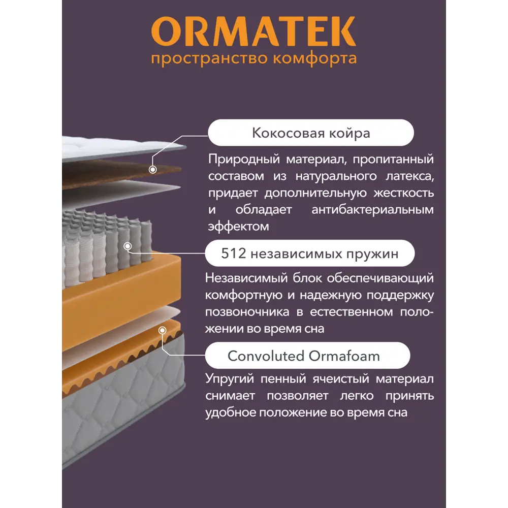 Фото 2 Матрас Орматек 1Sleep Combo 180x200 см независимый пружинный блок двуспальный жесткий кокосовый Фото 2 Матрас Орматек 1Sleep Combo 180x200 см независимый пружинный блок двуспальный жесткий кокосовый