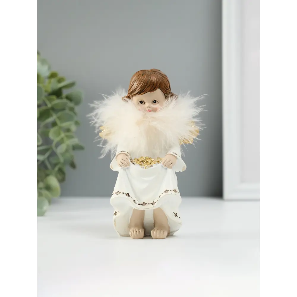 Фото 2 Сувенир полистоун Ангелочек со звёздами в подоле пух золотые крылья 85х7х13 см 10860005