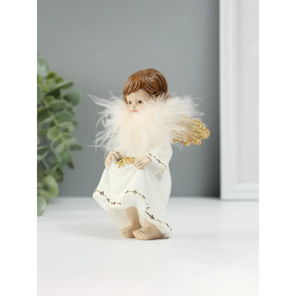 Фото 5 Сувенир полистоун Ангелочек со звёздами в подоле пух золотые крылья 85х7х13 см 10860005