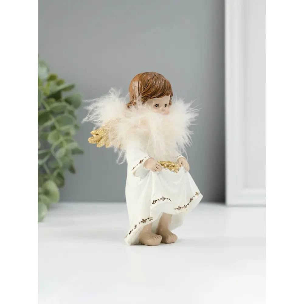 Фото 3 Сувенир полистоун Ангелочек со звёздами в подоле пух золотые крылья 85х7х13 см 10860005