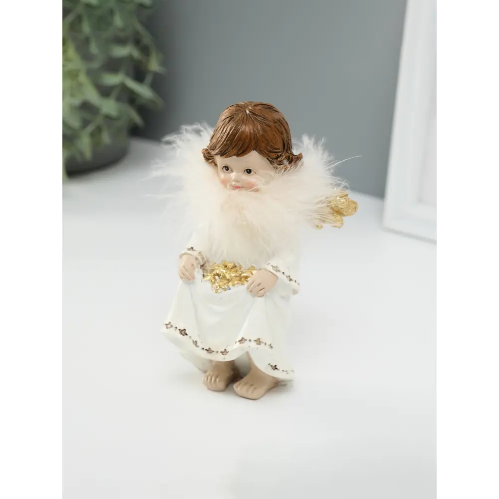 Фото 4 Сувенир полистоун Ангелочек со звёздами в подоле пух золотые крылья 85х7х13 см 10860005