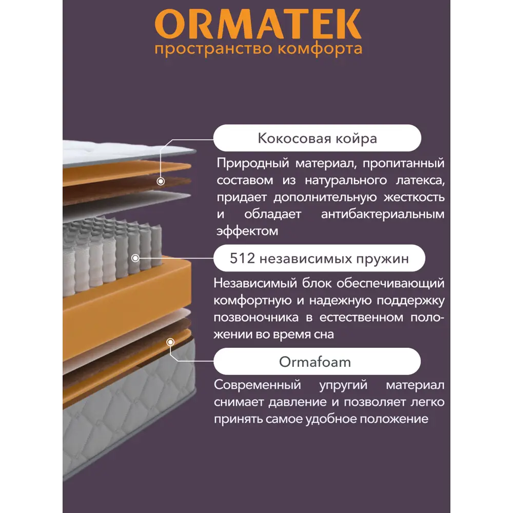Фото 2 Матрас Орматек Sleep Ultra Plus 120x200 см, независимый пружинный блок, односпальный, кокосовый Фото 2 Матрас Орматек Sleep Ultra Plus 120x200 см, независимый пружинный блок, односпальный, кокосовый
