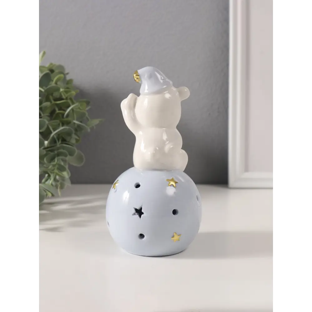 Фото 2 Сувенир керамика свет Медвежонок в голубом колпаке на шаре со звёздами 8х8х15 см 10495298