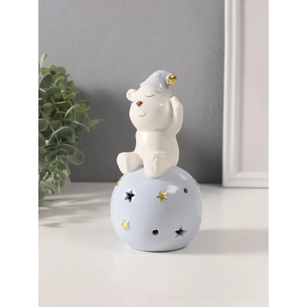Фото Сувенир керамика свет Медвежонок в голубом колпаке на шаре со звёздами 8х8х15 см 10495298