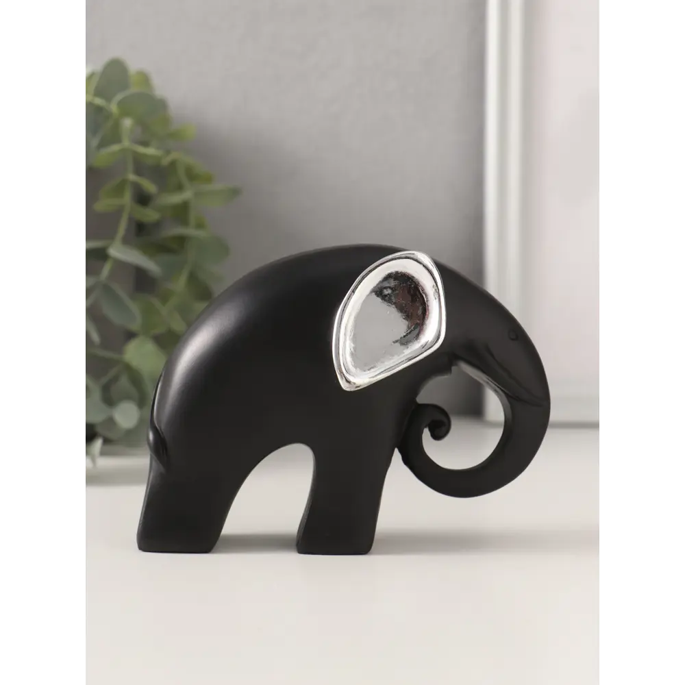 Фото Сувенир полистоун Чёрный слон с серебр. ушками хобот завиток серебряный цветок 12х5х9 см 1074030