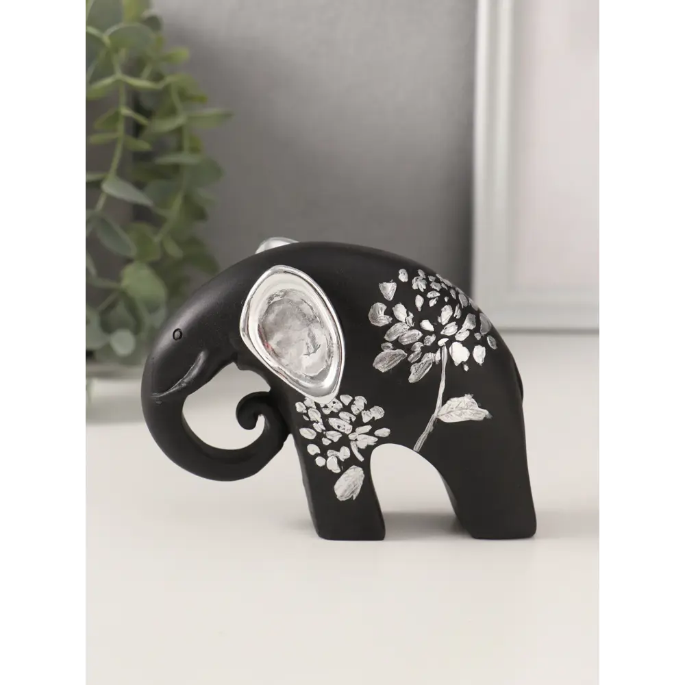 Фото 2 Сувенир полистоун Чёрный слон с серебр. ушками хобот завиток серебряный цветок 12х5х9 см 1074030
