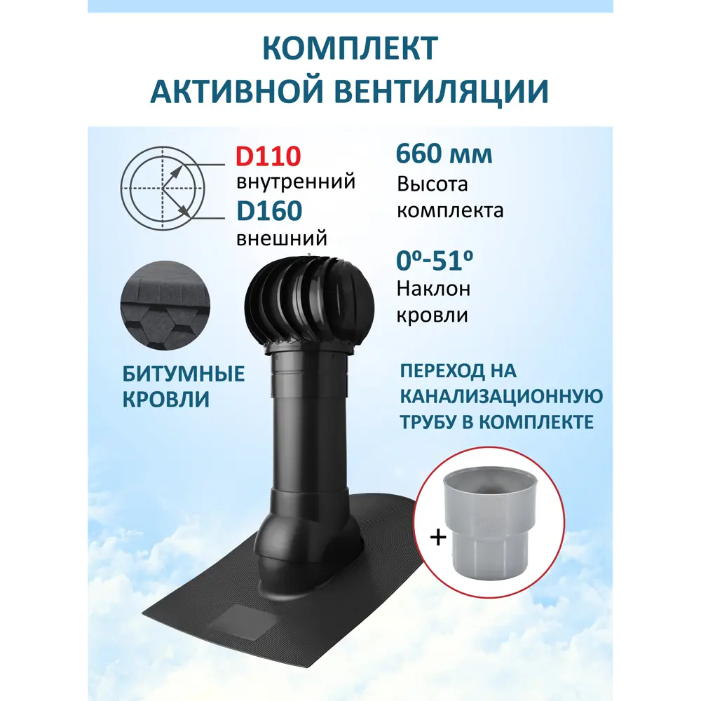 Фото 4 Комплект кровельной вентиляции Polivent (Турбодефлектор ⌀160мм/Вентиляционный выход 500мм с переходом ⌀110мм) проходной элемент для битумной кровли RAL 9005 чёрный Фото 4 Комплект кровельной вентиляции Polivent (Турбодефлектор ⌀160мм/Вентиляционный выход 500мм с переходом ⌀110мм) проходной элемент для битумной кровли RAL 9005 чёрный