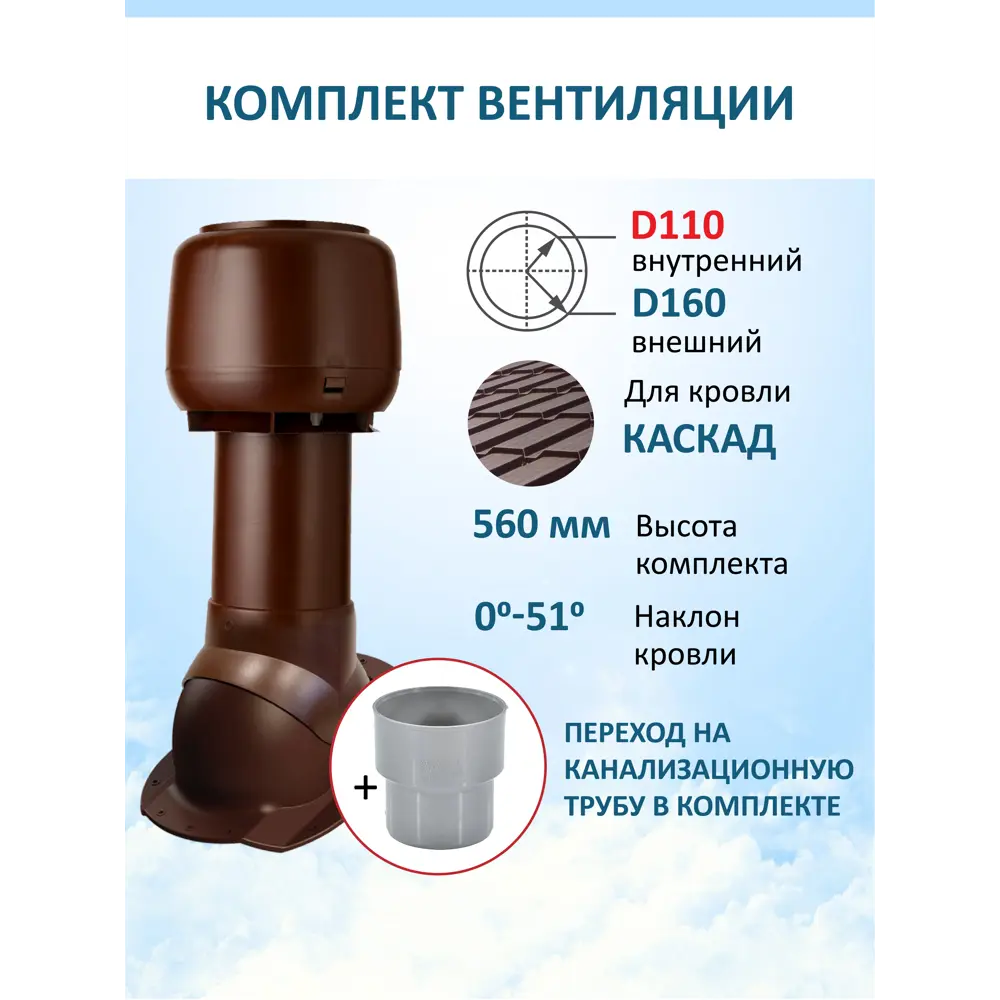 Фото 6 Комплект кровельной вентиляции Polivent (Колпак ⌀160мм/Вентиляционный выход 500мм с переходом ⌀110мм/Проходной элемент) для металлочерепицы Каскад RAL 8017 коричневый Фото 6 Комплект кровельной вентиляции Polivent (Колпак ⌀160мм/Вентиляционный выход 500мм с переходом ⌀110мм/Проходной элемент) для металлочерепицы Каскад RAL 8017 коричневый