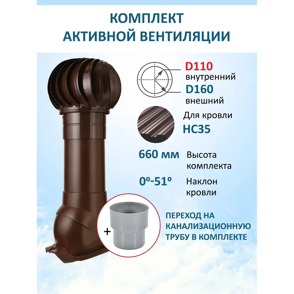 Фото 3 Комплект кровельной вентиляции Polivent (Турбодефлектор ⌀160мм/Вентиляционный выход 500мм с переходом ⌀110мм) для кровельного профнастила 35 мм RAL 8017 коричневый Фото 3 Комплект кровельной вентиляции Polivent (Турбодефлектор ⌀160мм/Вентиляционный выход 500мм с переходом ⌀110мм) для кровельного профнастила 35 мм RAL 8017 коричневый