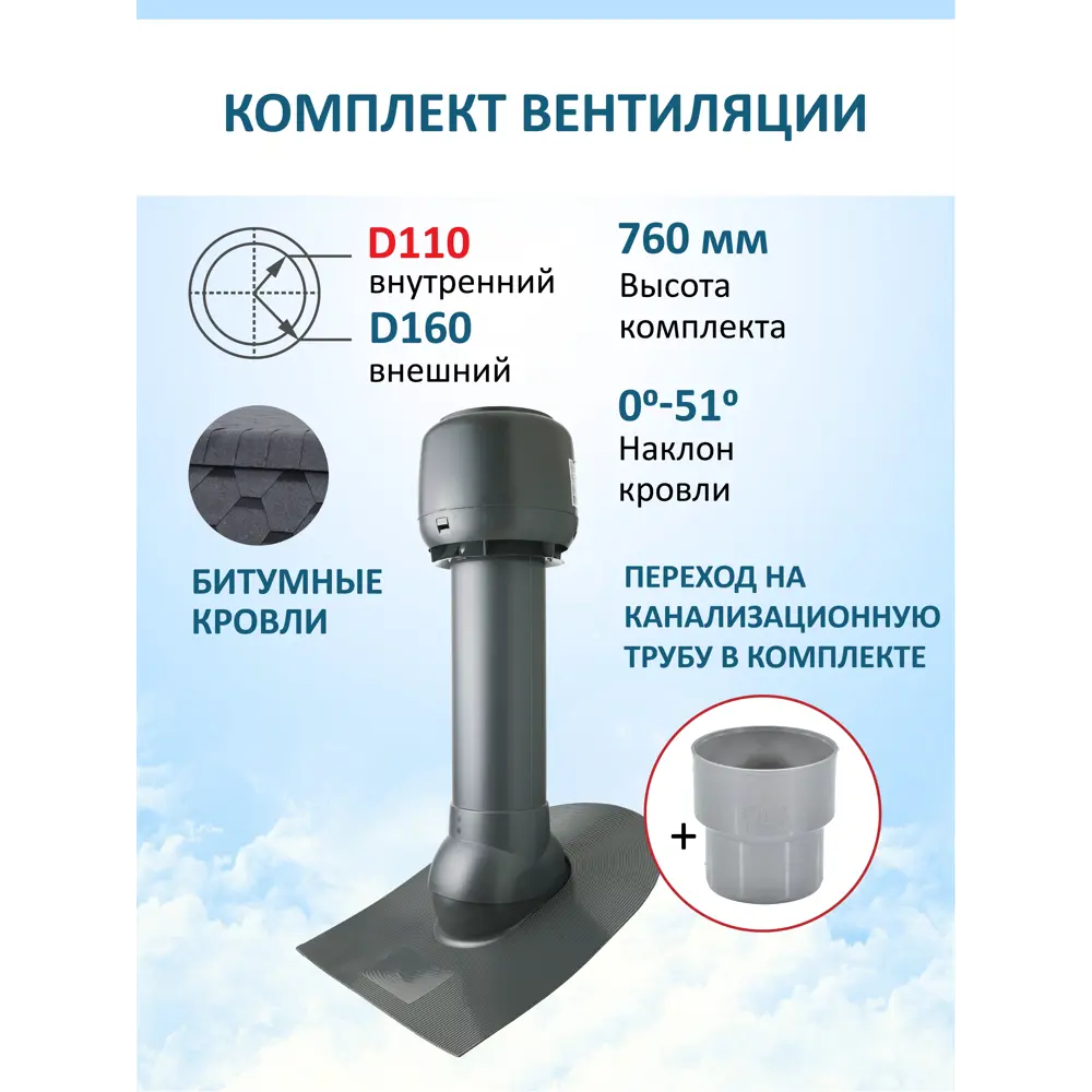 Фото 4 Комплект кровельной вентиляции Polivent (Колпак ⌀160мм/Вентиляционный выход 700мм с переходом ⌀110мм/проходной элемент) для битумной кровли RAL 7024 серый графит Фото 4 Комплект кровельной вентиляции Polivent (Колпак ⌀160мм/Вентиляционный выход 700мм с переходом ⌀110мм/проходной элемент) для битумной кровли RAL 7024 серый графит
