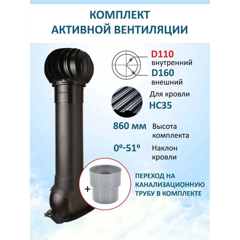 Фото 2 Комплект кровельной вентиляции Polivent (турбодефлектор ⌀160мм/вентиляционный выход 700мм с переходом ⌀110мм) для кровельного профнастила 35мм RAL 9005 чёрный Фото 2 Комплект кровельной вентиляции Polivent (турбодефлектор ⌀160мм/вентиляционный выход 700мм с переходом ⌀110мм) для кровельного профнастила 35мм RAL 9005 чёрный