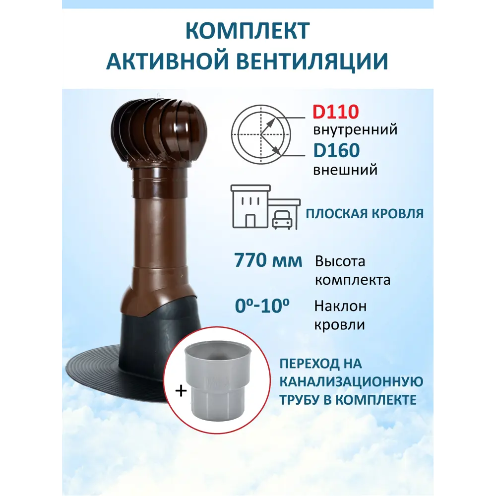 Фото 5 Комплект активной вентиляции Polivent (Турбодефлектор ⌀160мм/вентиляционный выход 500мм с переходом ⌀110мм) для плоской кровли RAL 8017 коричневый Фото 5 Комплект активной вентиляции Polivent (Турбодефлектор ⌀160мм/вентиляционный выход 500мм с переходом ⌀110мм) для плоской кровли RAL 8017 коричневый