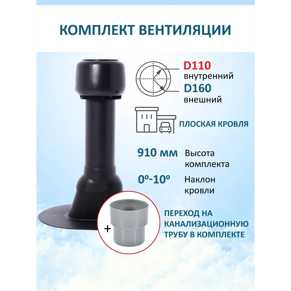 Фото 4 Комплект кровельной вентиляции Polivent (Колпак ⌀160мм/Вентиляционный выход 700мм с переходом ⌀110мм) для плоской кровли RAL 9005 чёрный Фото 4 Комплект кровельной вентиляции Polivent (Колпак ⌀160мм/Вентиляционный выход 700мм с переходом ⌀110мм) для плоской кровли RAL 9005 чёрный