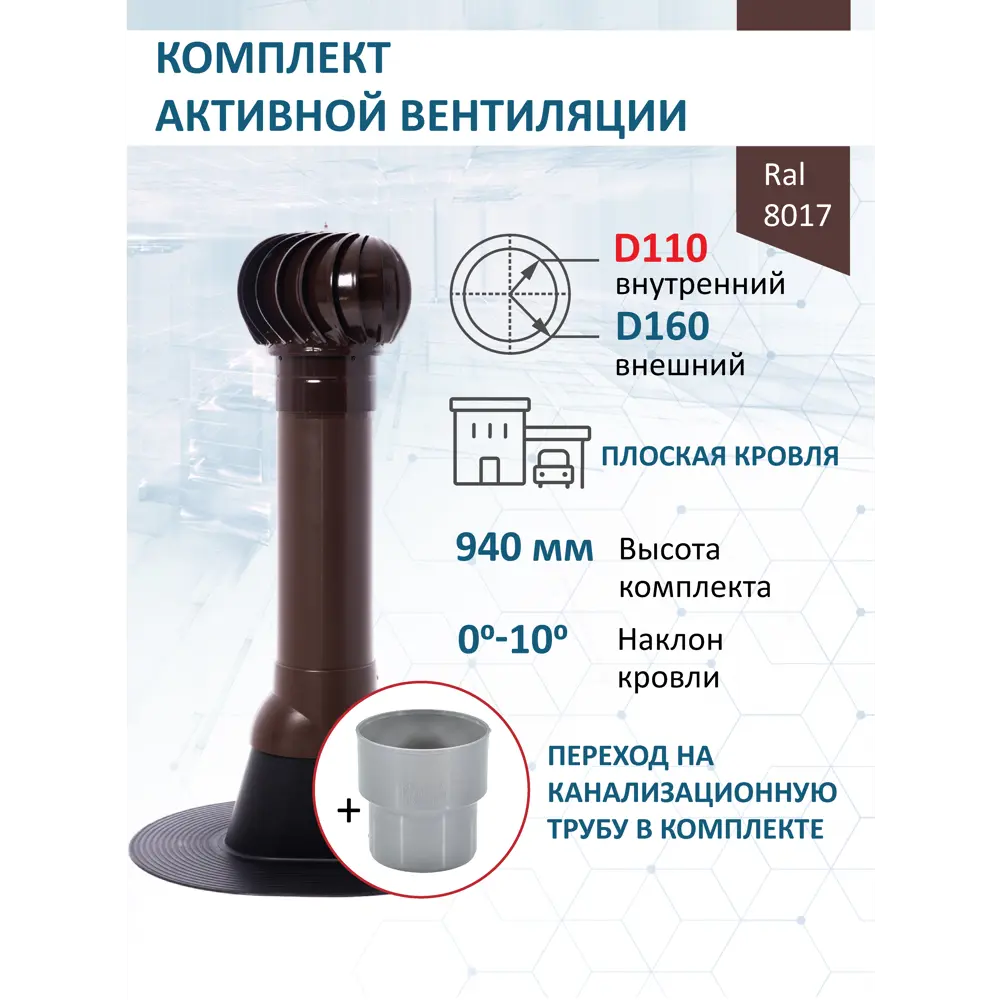 Фото 2 Комплект кровельной вентиляции Татполимер (Турбодефлектор ⌀160мм/Вентиляционный выход Татполимер ⌀110/160мм 700мм) для плоской кровли RAL 8017 коричневый Фото 2 Комплект кровельной вентиляции Татполимер (Турбодефлектор ⌀160мм/Вентиляционный выход Татполимер ⌀110/160мм 700мм) для плоской кровли RAL 8017 коричневый