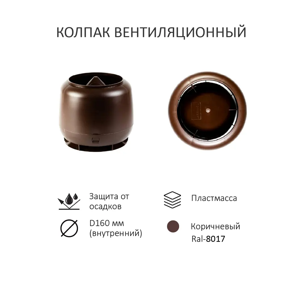 Фото 4 Комплект кровельной вентиляции Polivent (Колпак ⌀160мм/Вентиляционный выход ⌀110/160мм 700мм/Проходной элемент) универсальный RAL 8017 коричневый