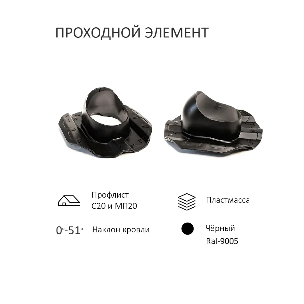 Фото 3 Комплект кровельной вентиляции Polivent (Колпак ⌀160мм/Вентиляционный выход ⌀110/160мм 700мм) для кровельного профнастила 20мм RAL 9005 чёрный