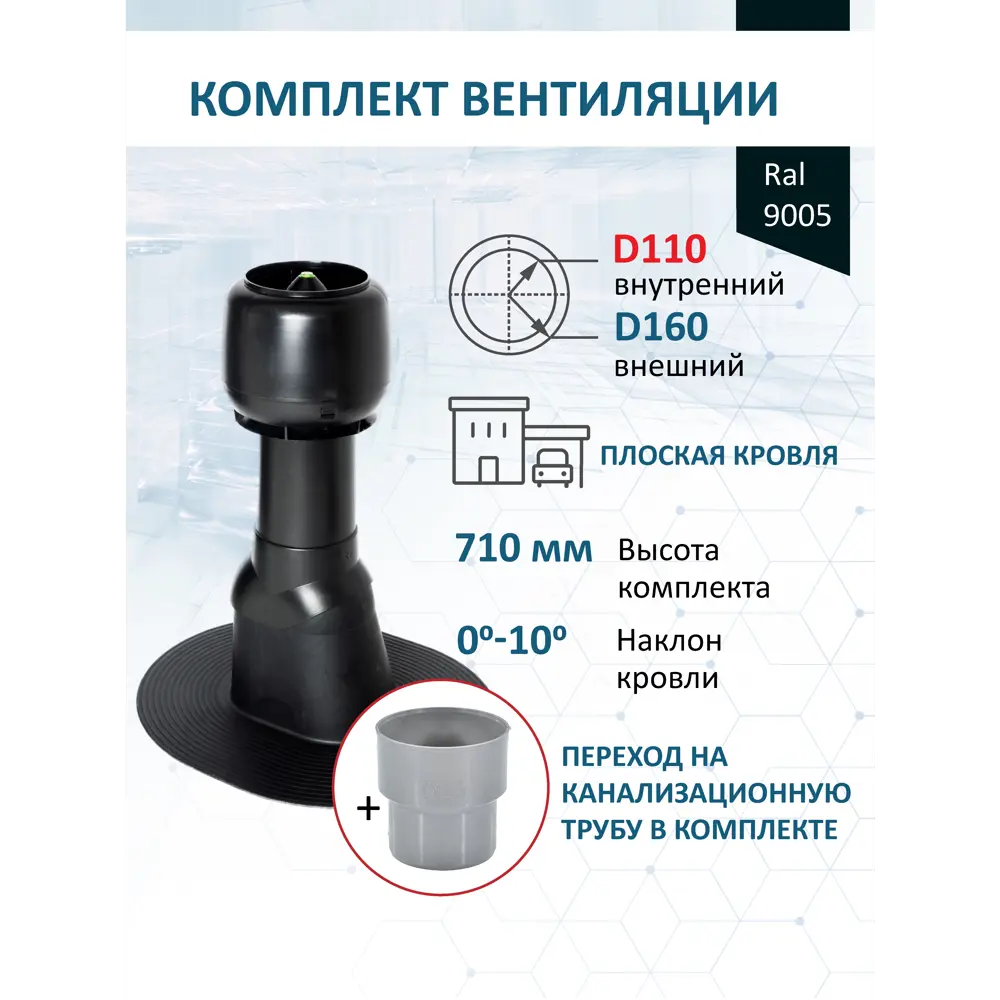 Фото Комплект кровельной вентиляции Polivent (Колпак ⌀160мм/Вентиляционный выход ⌀110/160мм 500мм) для плоской кровли RAL 9005 чёрный Фото Комплект кровельной вентиляции Polivent (Колпак ⌀160мм/Вентиляционный выход ⌀110/160мм 500мм) для плоской кровли RAL 9005 чёрный
