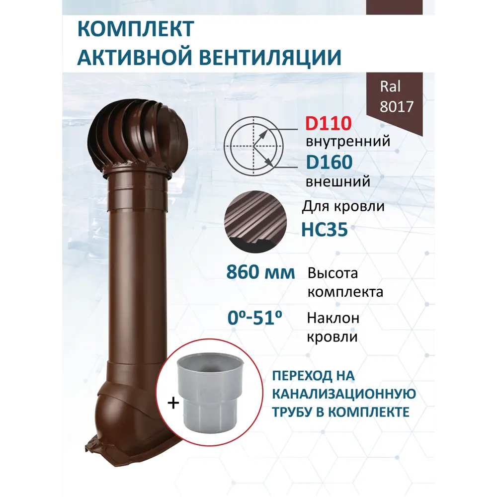 Фото Комплект кровельной вентиляции Polivent (Турбодефлектор ⌀160мм/Вентиляционный выход ⌀110/160мм 700мм) для кровельного профнастила 35мм RAL 8017 коричневый Фото Комплект кровельной вентиляции Polivent (Турбодефлектор ⌀160мм/Вентиляционный выход ⌀110/160мм 700мм) для кровельного профнастила 35мм RAL 8017 коричневый