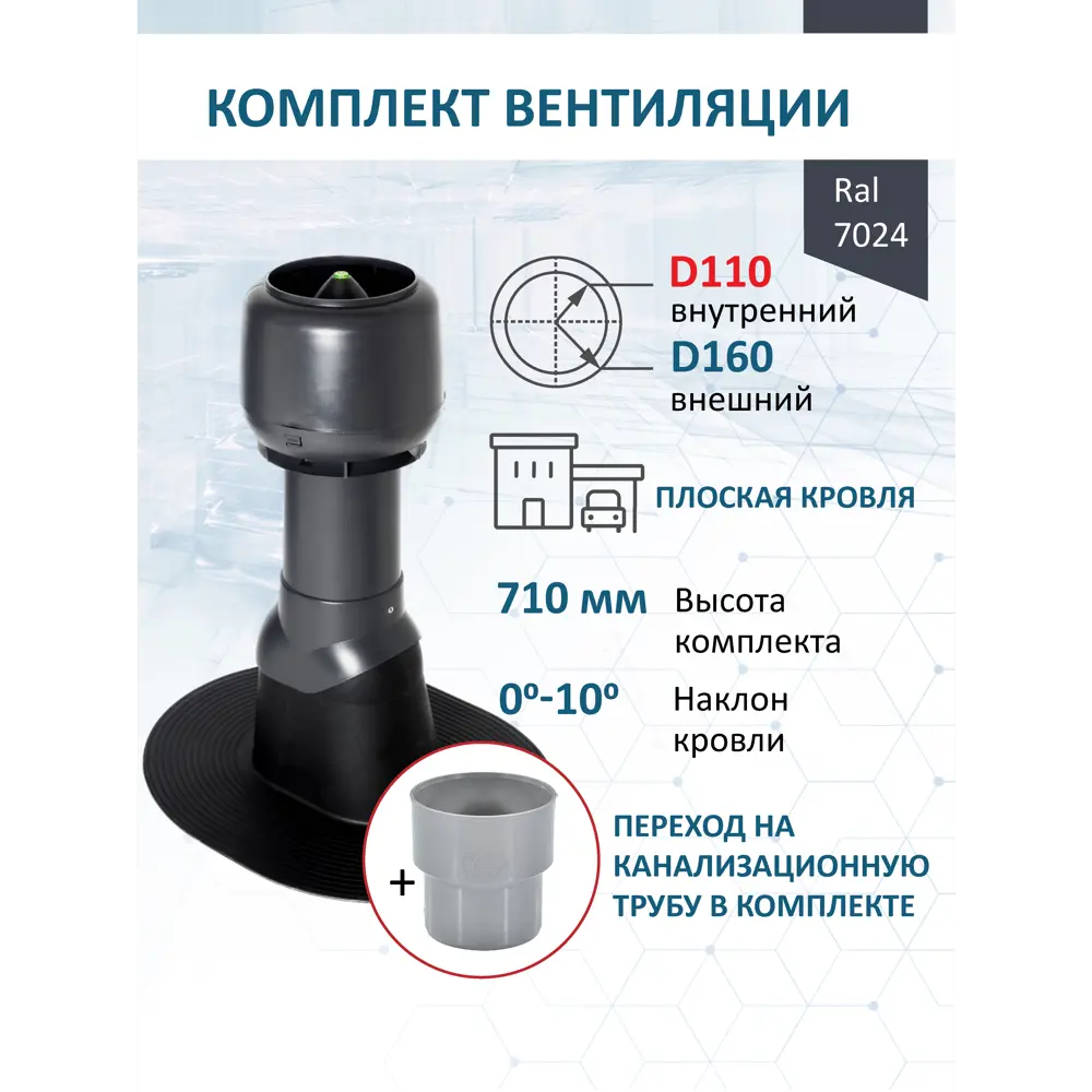 Фото Комплект кровельной вентиляции Polivent (Колпак ⌀160мм/Вентиляционный выход ⌀110/160мм 500мм) для плоской кровли RAL 7024 серый графит Фото Комплект кровельной вентиляции Polivent (Колпак ⌀160мм/Вентиляционный выход ⌀110/160мм 500мм) для плоской кровли RAL 7024 серый графит