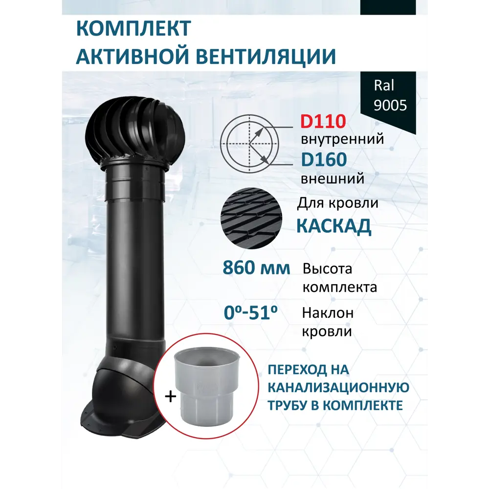 Фото Комплект кровельной вентиляции Polivent (Турбодефлектор ⌀160мм/Вентиляционный выход ⌀110/160мм 700мм) для металлочерепицы Каскад RAL 9005 чёрный Фото Комплект кровельной вентиляции Polivent (Турбодефлектор ⌀160мм/Вентиляционный выход ⌀110/160мм 700мм) для металлочерепицы Каскад RAL 9005 чёрный