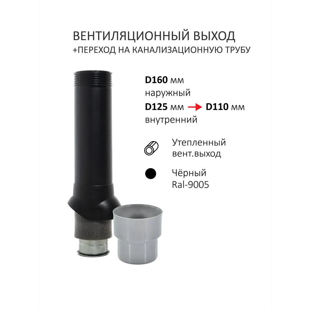 Фото 2 Комплект кровельной вентиляции Polivent (Турбодефлектор ⌀160мм/Вентиляционный выход ⌀110/160мм 700мм) для металлочерепицы Monterrey RAL 9005 чёрный