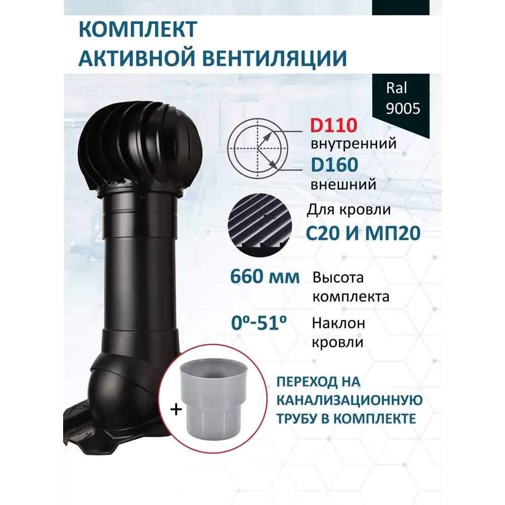 Фото Комплект кровельной вентиляции Polivent (Турбодефлектор ⌀160мм/Вентиляционный выход ⌀110/160мм 500мм) для кровельного профнастила 20мм RAL 9005 чёрный Фото Комплект кровельной вентиляции Polivent (Турбодефлектор ⌀160мм/Вентиляционный выход ⌀110/160мм 500мм) для кровельного профнастила 20мм RAL 9005 чёрный