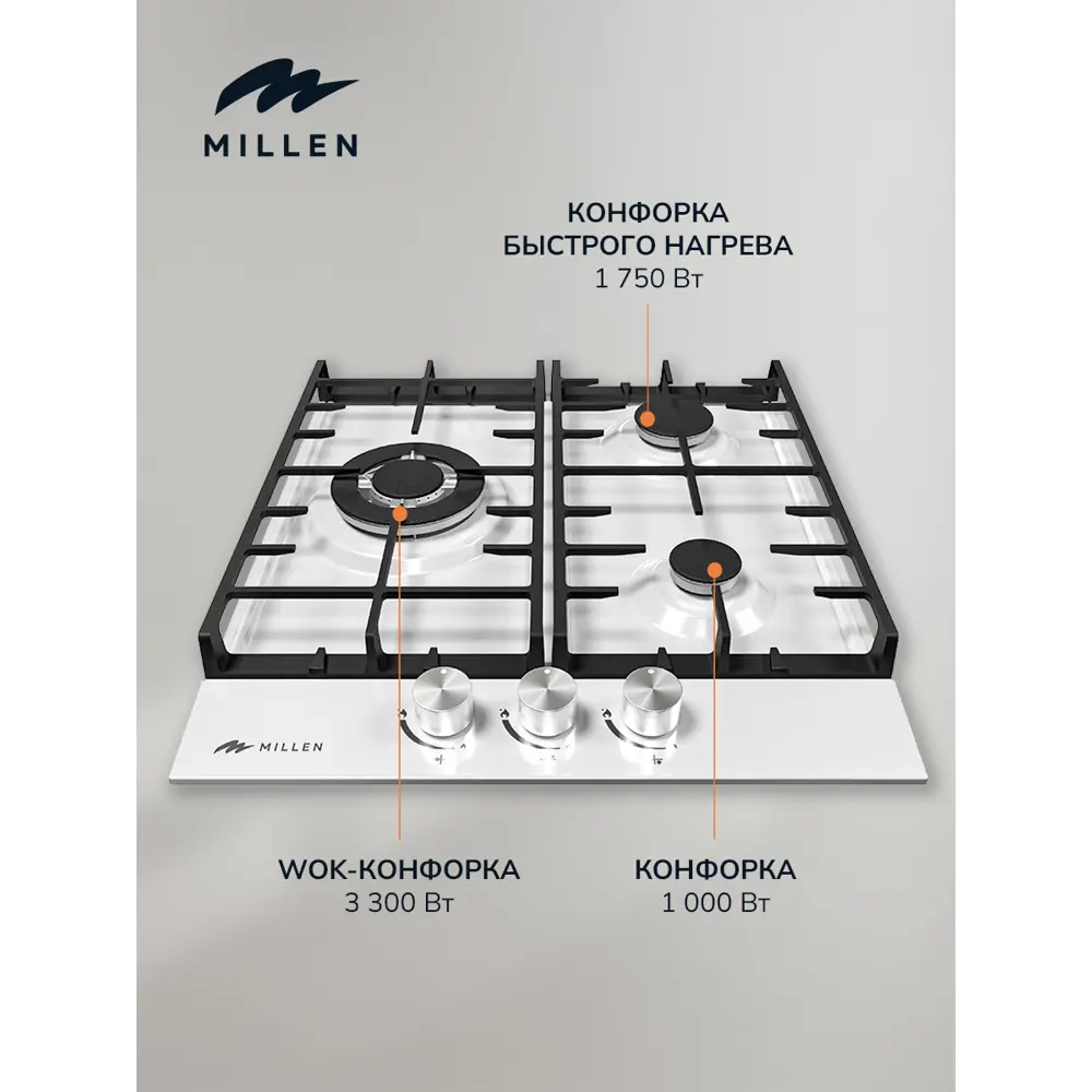 Фото 3 Газовая варочная панель Millen MIHA300006 46 см 3 конфорки цвет Белый Фото 3 Газовая варочная панель Millen MIHA300006 46 см 3 конфорки цвет Белый