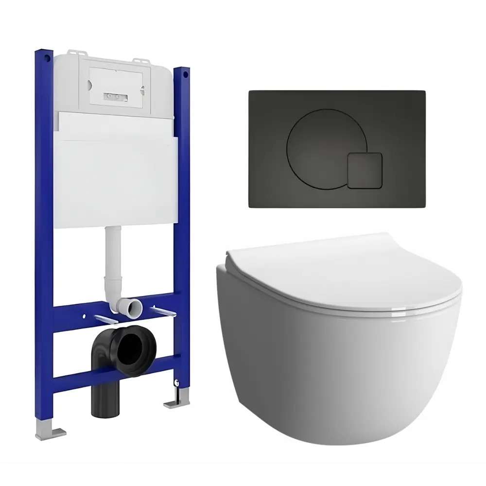 Фото Комплект 3 в 1 инсталляция Enio Tecnico с унитазом подвесным VitrA Sento 7748В003-0075 кнопка черная матовая Geometria