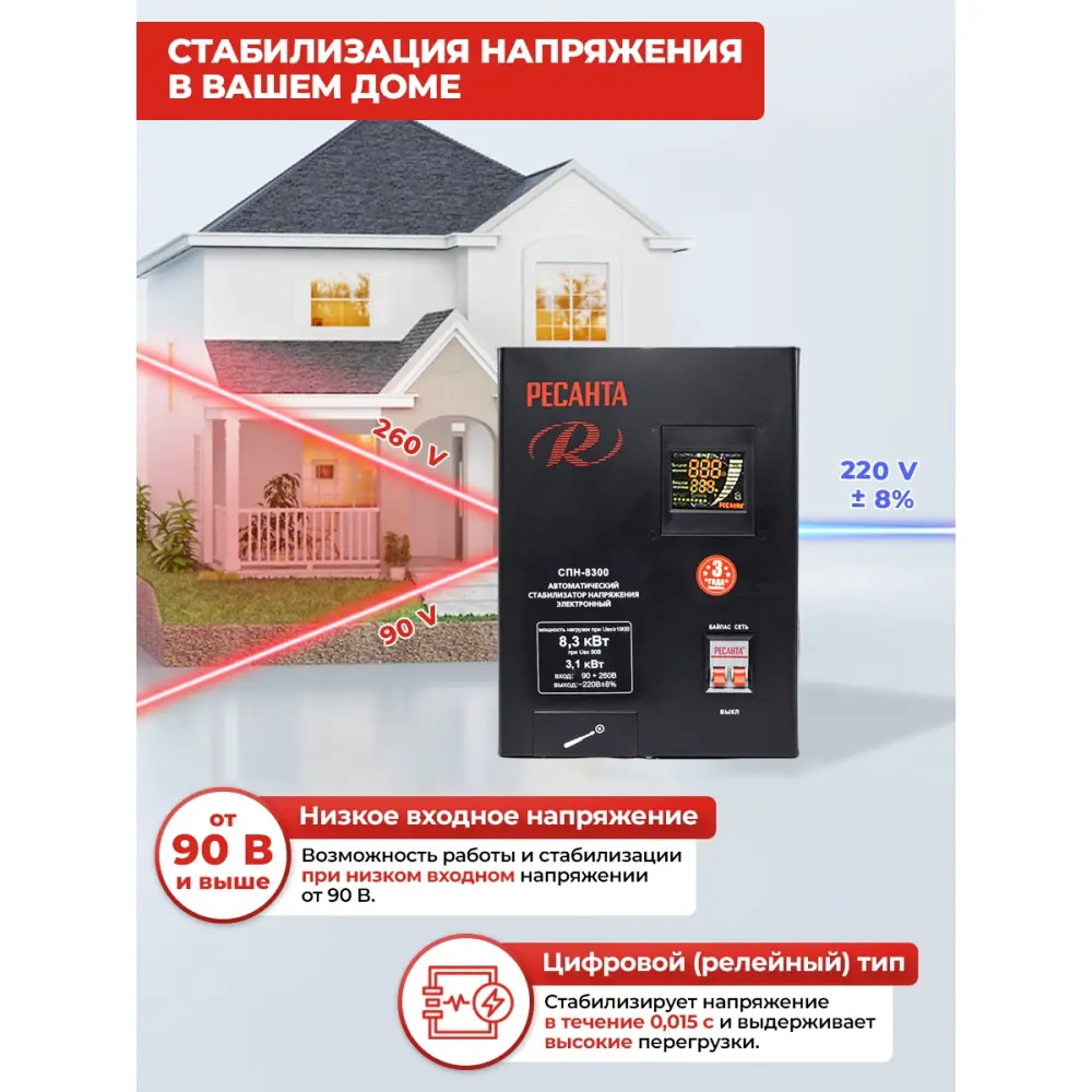 Фото 3 Стабилизатор напряжения Ресанта СПН-8300 однофазный 8.3 ВА 90-260В Фото 3 Стабилизатор напряжения Ресанта СПН-8300 однофазный 8.3 ВА 90-260В
