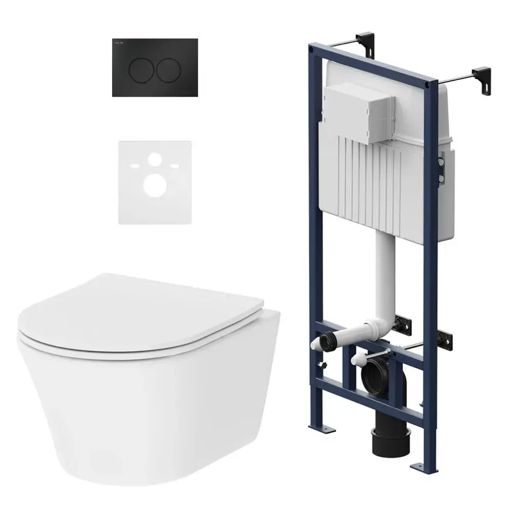 Фото 2 Инсталляция с подвесным унитазом Damixa Venus DX16.IS40138.1702 безободковый, с сиденьем микролифт, клавиша Round черный матовый Фото 2 Инсталляция с подвесным унитазом Damixa Venus DX16.IS40138.1702 безободковый, с сиденьем микролифт, клавиша Round черный матовый