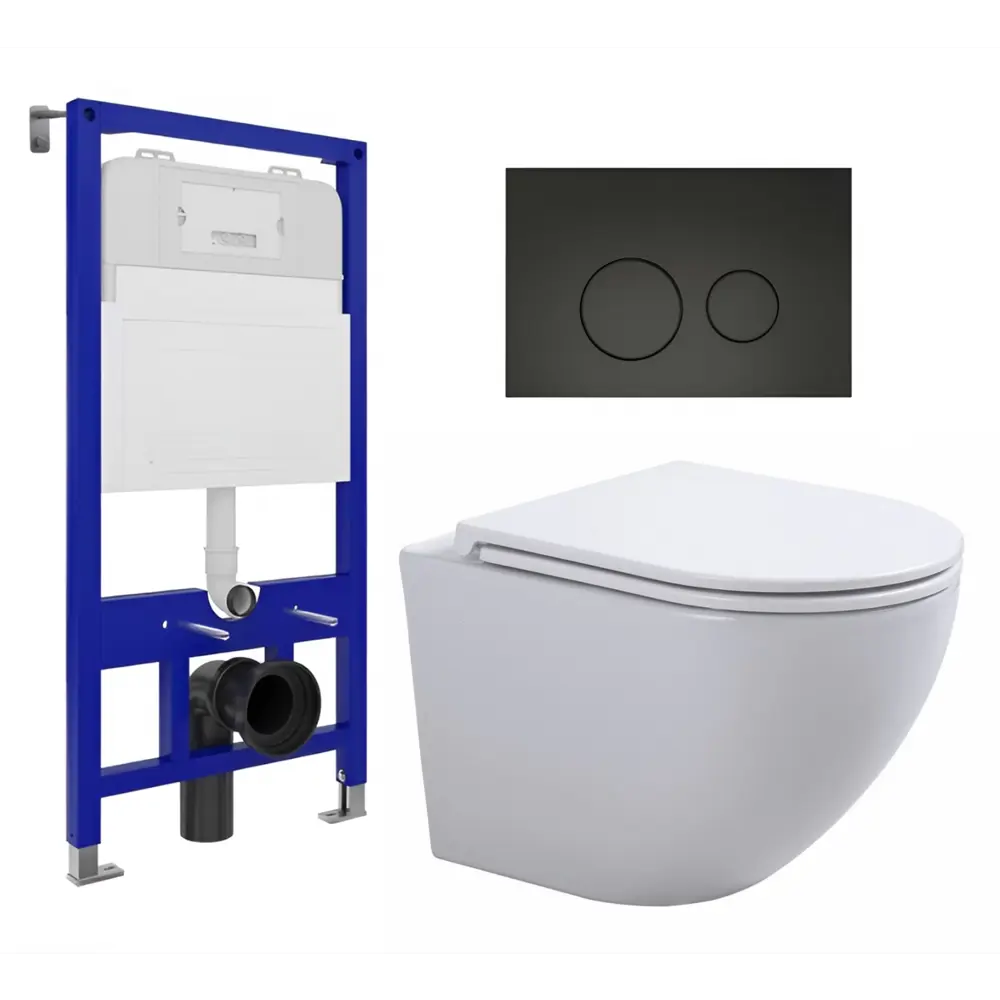 Фото Комплект инсталляции 3 в 1: инсталляция Enio Tecnico унитаз подвесной SinteSi EVI кнопка черная матовая Rotondo Фото Комплект инсталляции 3 в 1: инсталляция Enio Tecnico унитаз подвесной SinteSi EVI кнопка черная матовая Rotondo