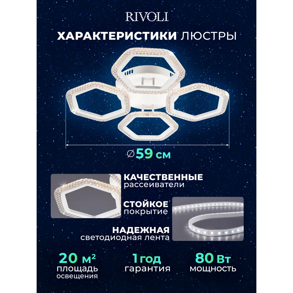 Фото 8 Люстра потолочная светодиодная Rivoli 6111-104 с пультом управления 20 м² регулируемый белый свет цвет белый Фото 8 Люстра потолочная светодиодная Rivoli 6111-104 с пультом управления 20 м² регулируемый белый свет цвет белый