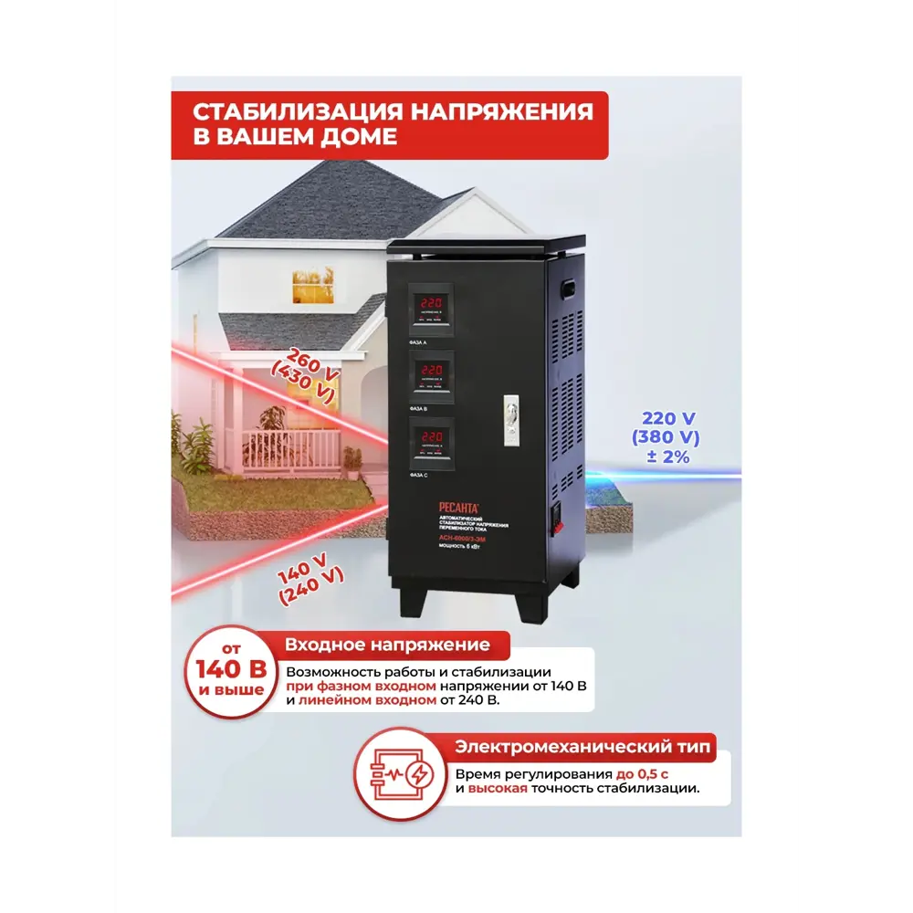 Фото 3 Стабилизатор напряжения Ресанта АСН-6000/3-ЭМ трехфазный 6 ВА 0-0В Фото 3 Стабилизатор напряжения Ресанта АСН-6000/3-ЭМ трехфазный 6 ВА 0-0В