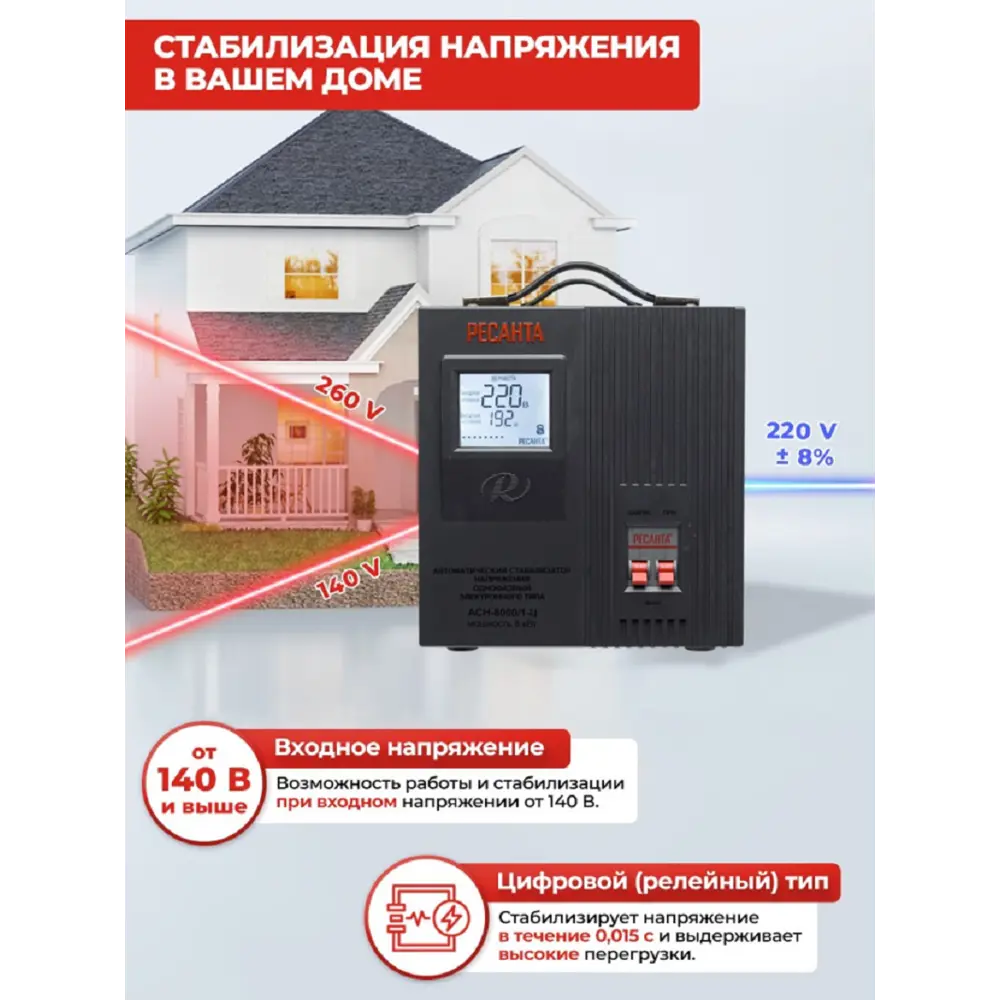Фото 3 Стабилизатор напряжения Ресанта АСН-8000/1-Ц однофазный 0 ВА 140-260В Фото 3 Стабилизатор напряжения Ресанта АСН-8000/1-Ц однофазный 0 ВА 140-260В