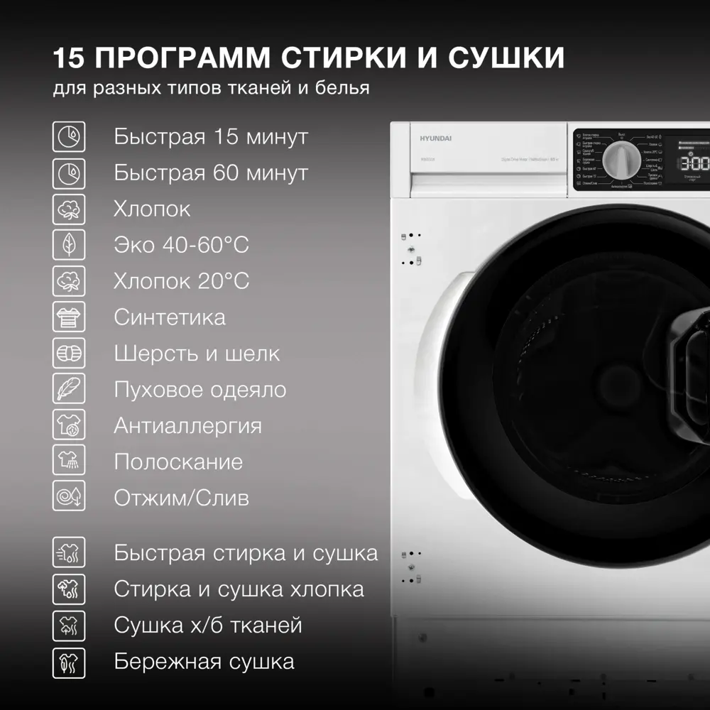 Фото 3 Стиральная машина Hyundai Wmd7228 60x83x54.4 см 8 кг цвет белый Фото 3 Стиральная машина Hyundai Wmd7228 60x83x54.4 см 8 кг цвет белый