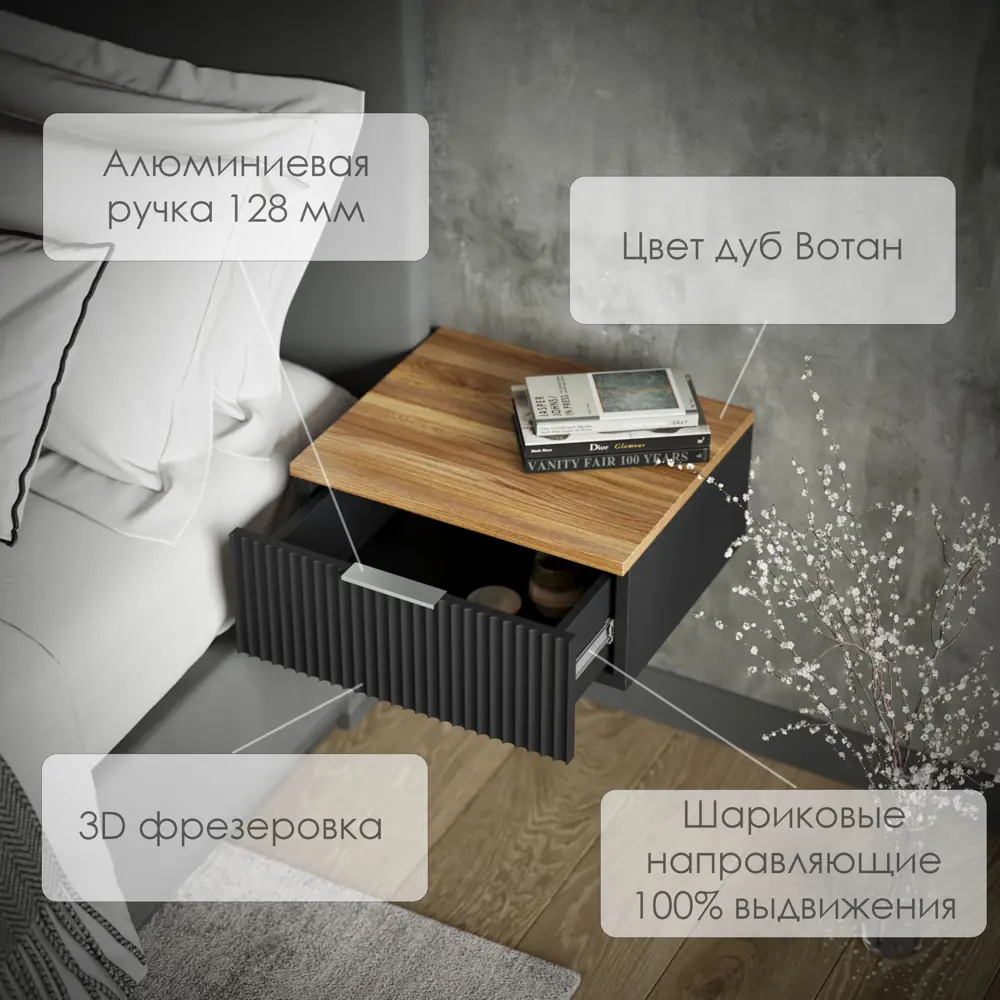 Фото 3 Тумба прикроватная Диван не мебель Ингрия 1 50x22x42 см 2 ящика ЛДСП цвет графит Фото 3 Тумба прикроватная Диван не мебель Ингрия 1 50x22x42 см 2 ящика ЛДСП цвет графит