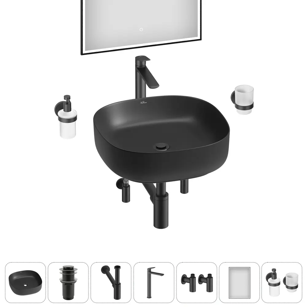 Фото Раковина накладная для ванной Wellsee Belle Spa 3.0 20218515R в комплекте для ванной комнаты квадрат 45x45 см цвет черный