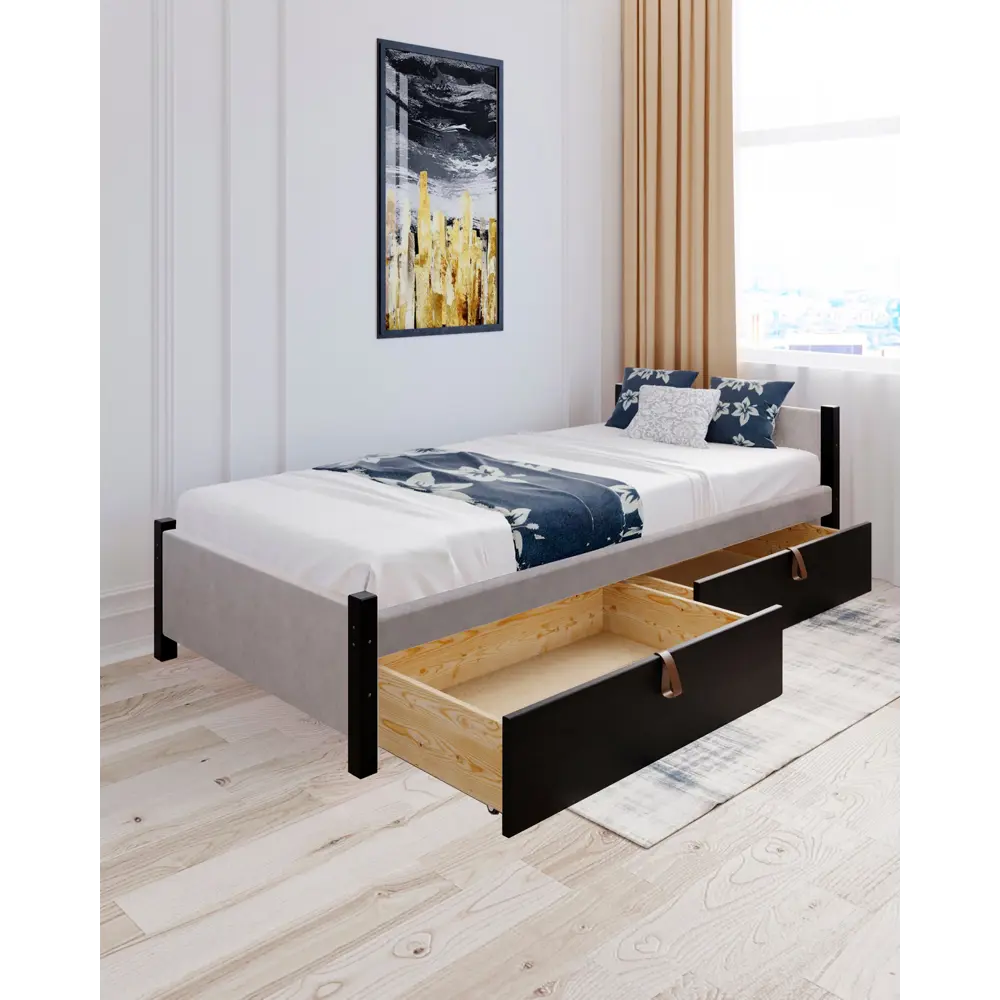 Фото 5 Кровать Solarius Классика 100x63x200 см дерево со сплошным основанием цвет светло-серый/черный оникс