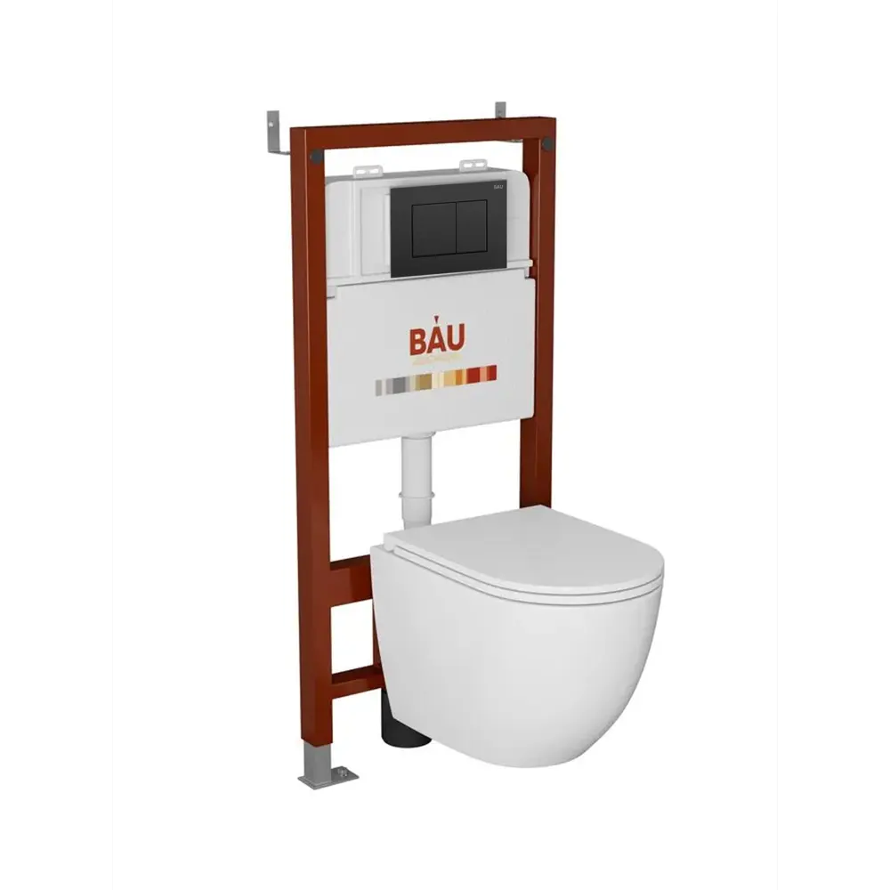 Фото Комплект Bauedge 6 в 1: инсталляция BAU PRO унитаз подвесной безободковый Bau Dream 53 кнопка BAU Stil черная матовая Фото Комплект Bauedge 6 в 1: инсталляция BAU PRO унитаз подвесной безободковый Bau Dream 53 кнопка BAU Stil черная матовая