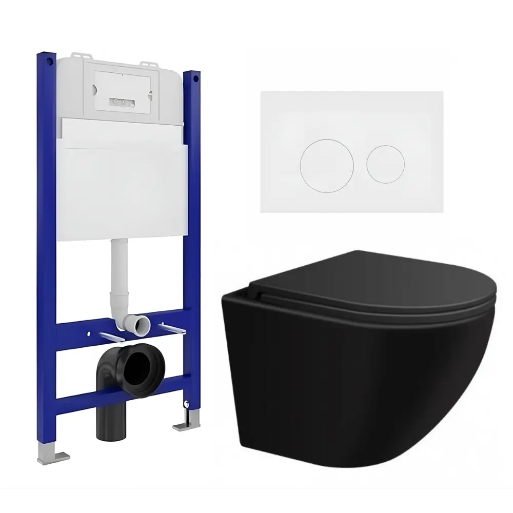 Фото Комплект инсталляция с унитазом 3 в 1 инсталляция Enio Tecnico 50 унитаз подвесной SinteSi EVI кнопка белая матовая Rotondo