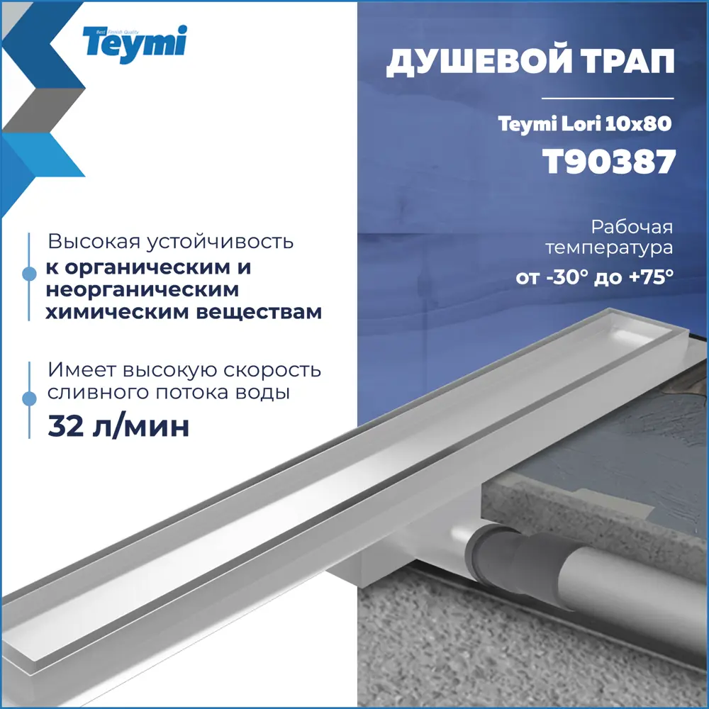 Фото 3 Трап для душа Teymi T90387 комбинированный затвор 84x11 см нержавеющая сталь Фото 3 Трап для душа Teymi T90387 комбинированный затвор 84x11 см нержавеющая сталь
